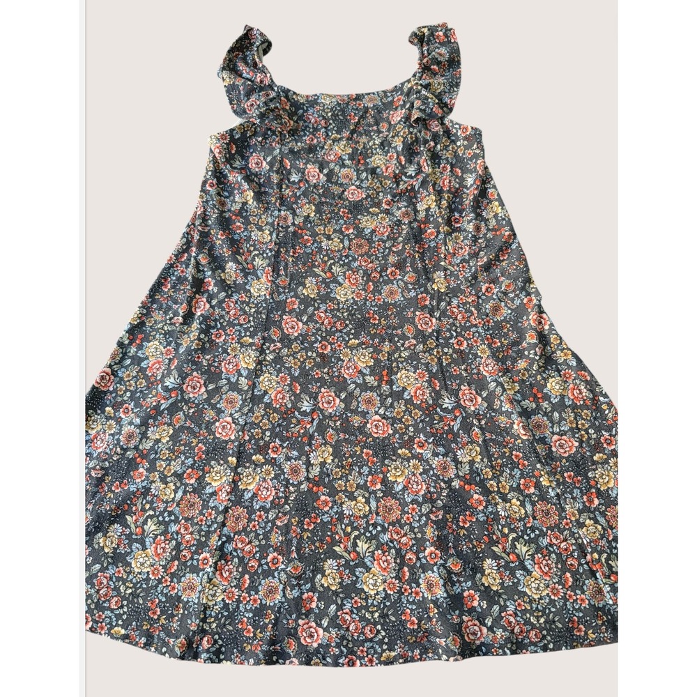 LOFT Floral Ruffle Strap Mini Dress Gray Orange XS Sleeveless Jersey Knit Boho‎